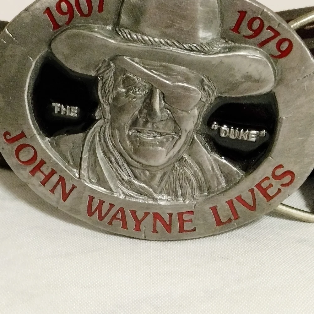 John Wayne Lives Brown Leather Belt with Silver Buckle Sz 42
